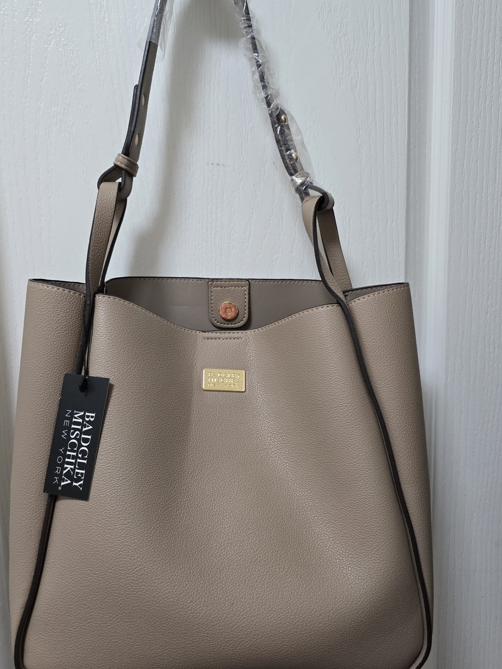 Badgley Mischka Taupe Pebbled Large Tote Bag